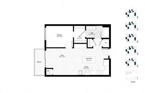 Floor plan for 1 bed, 1 bath, 740 sqft